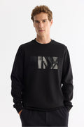 Erkek Siyah Bisiklet Yaka Pamuklu Baskılı Elastan Regular Fit Sweatshirt A42Y1215