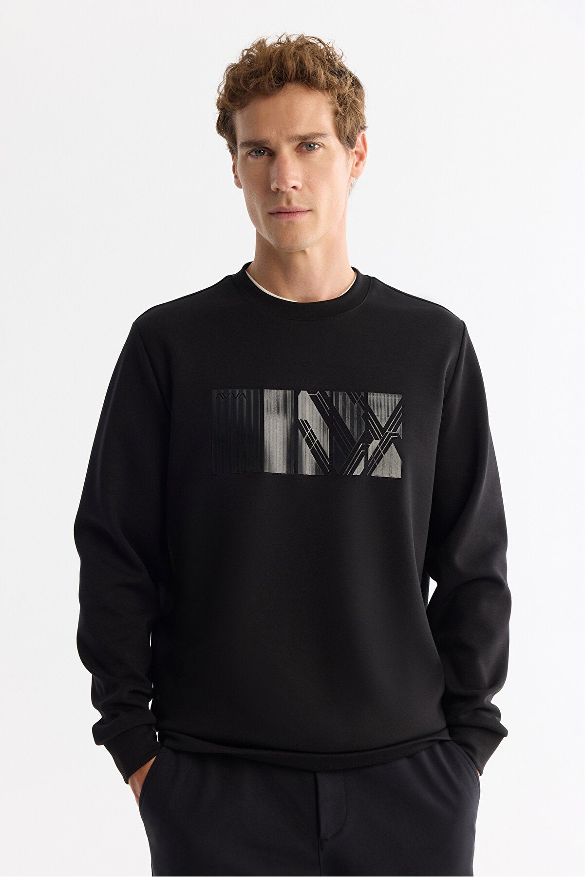 Erkek Siyah Bisiklet Yaka Pamuklu Baskılı Elastan Regular Fit Sweatshirt A42Y1215