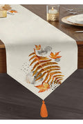 Autumn Dried Leaf Pattern Tasseled Chenille Triangle Runner On White Marble Background