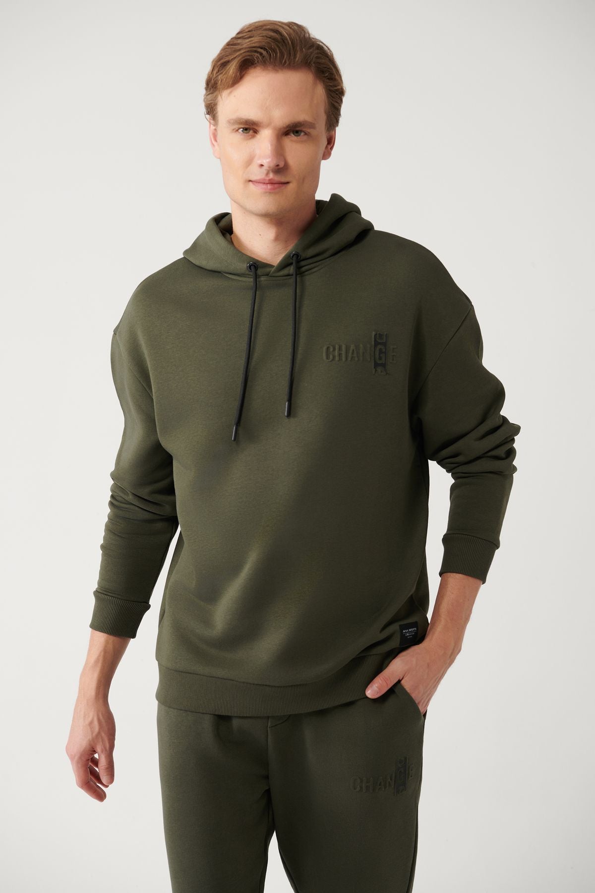 Men's Khaki Sweatshirt Hooded Collar Wafer Printed Charcoal 3 Thread Comfort Fit A32y1190