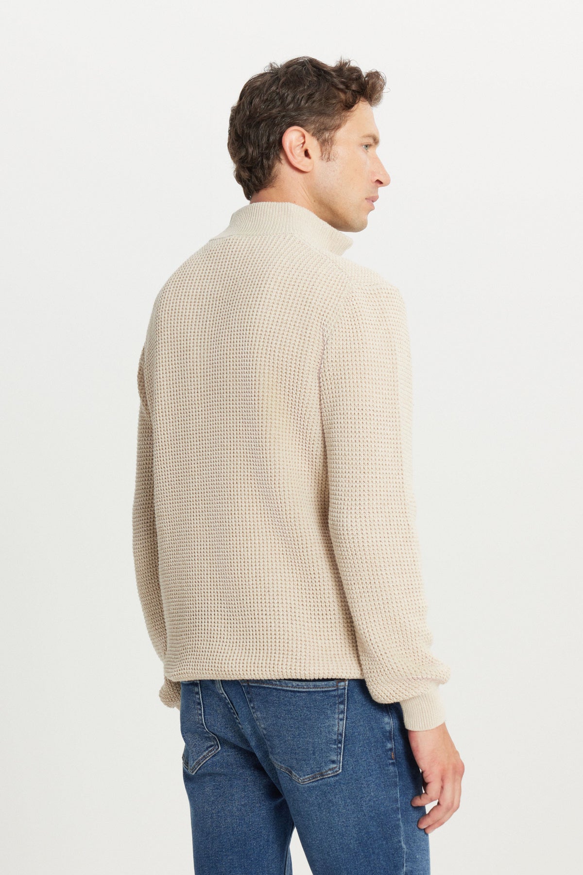 Men's Light Beige Cotton Standard Fit Regular Fit Zipper Bato Collar Jacquard Knitwear Sweater