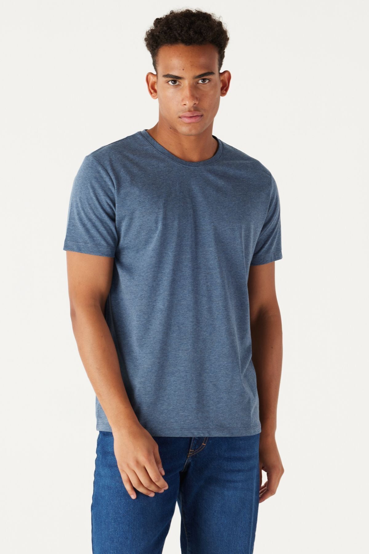 Men's Indigo Melange Cotton Slim Fit Slim Fit Crew Neck Basic T-Shirt