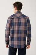 Men's Navy-Brown Lumberjack Shirt Buttoned Collar 100% Cotton Plaid Pattern Flannel A32y2059