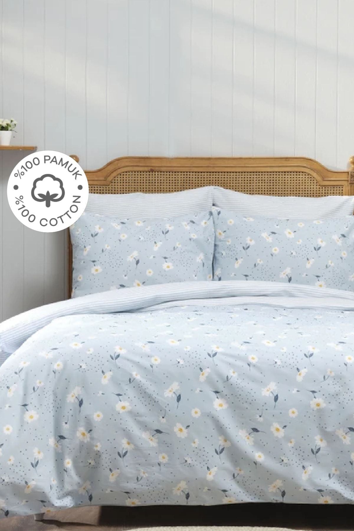 Daisy Light Blue 100% Cotton Single Size Duvet Cover Pillow Set