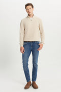 Men's Light Beige Cotton Standard Fit Regular Fit Zipper Bato Collar Jacquard Knitwear Sweater