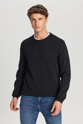 Men's Black Cotton Standard Fit Regular Fit Crew Neck Jacquard Sweater