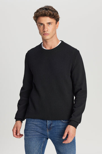 Men's Black Cotton Standard Fit Regular Fit Crew Neck Jacquard Sweater