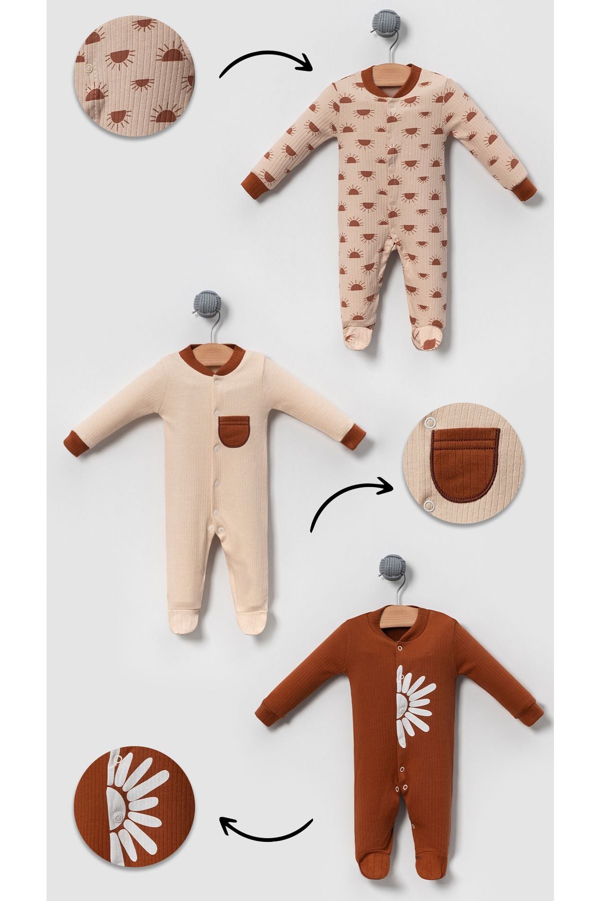 Sun Pattern Combed Baby 3 Piece Jumpsuit Set - Multicolor