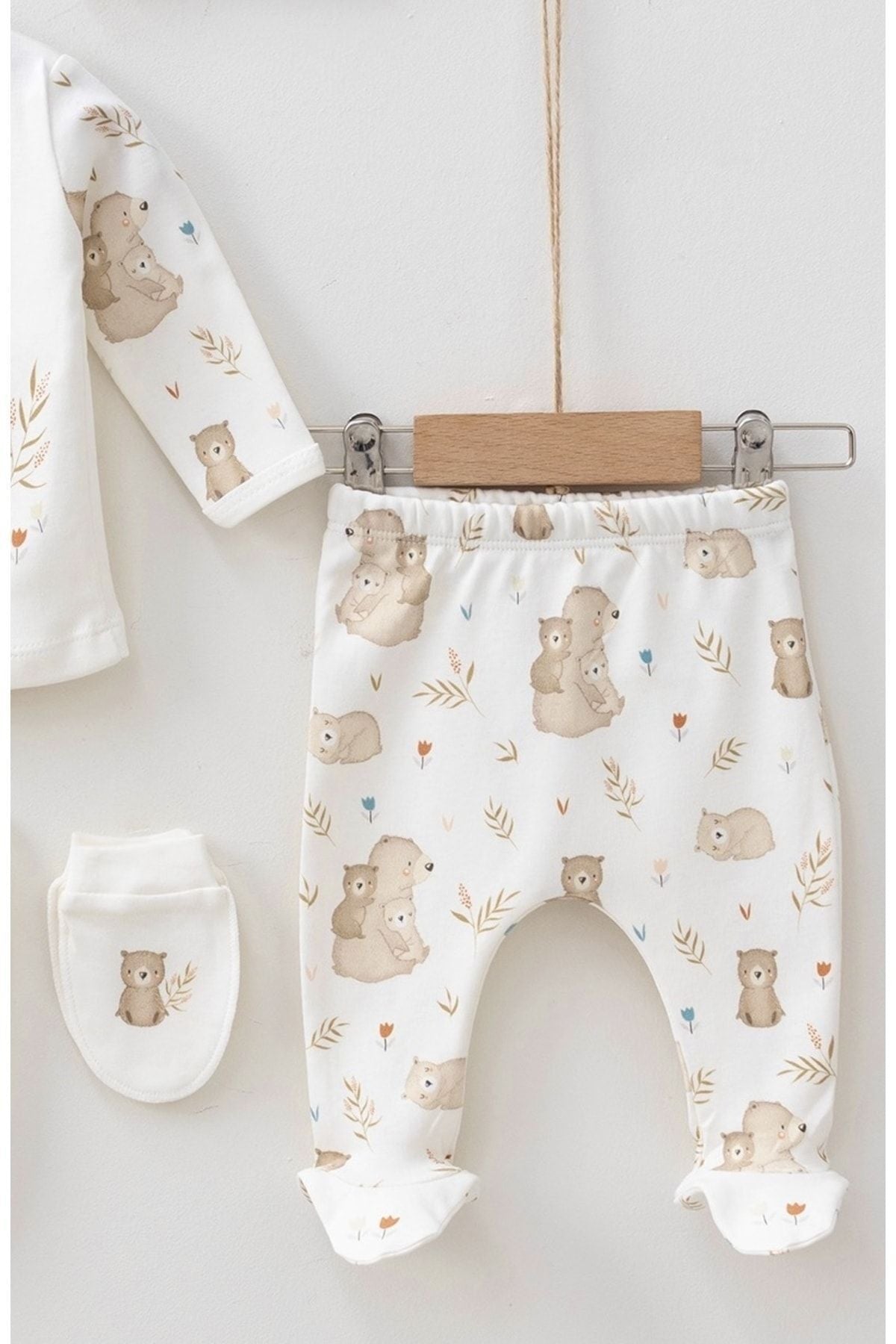 Hospital Outlet Kitten Bear Printed Organic 0-3 Months Unisex Baby 5 Li Newborn Set