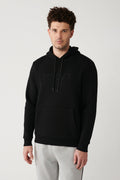 Men's Black Charcoal Fabric Hooded Collar Slit Embroidered Kangaroo Pocket Sweatshirt A32Y1193