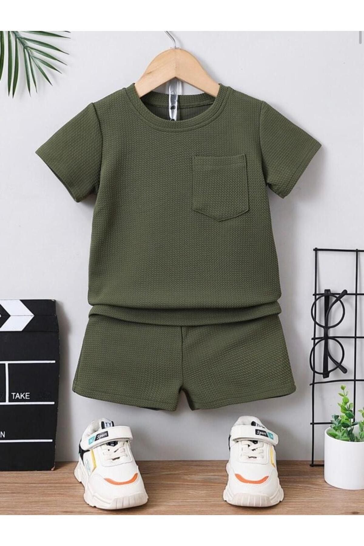 Waffle Image Pocket Detailed Cotton Summer Baby Kids Shorts Suit-Green