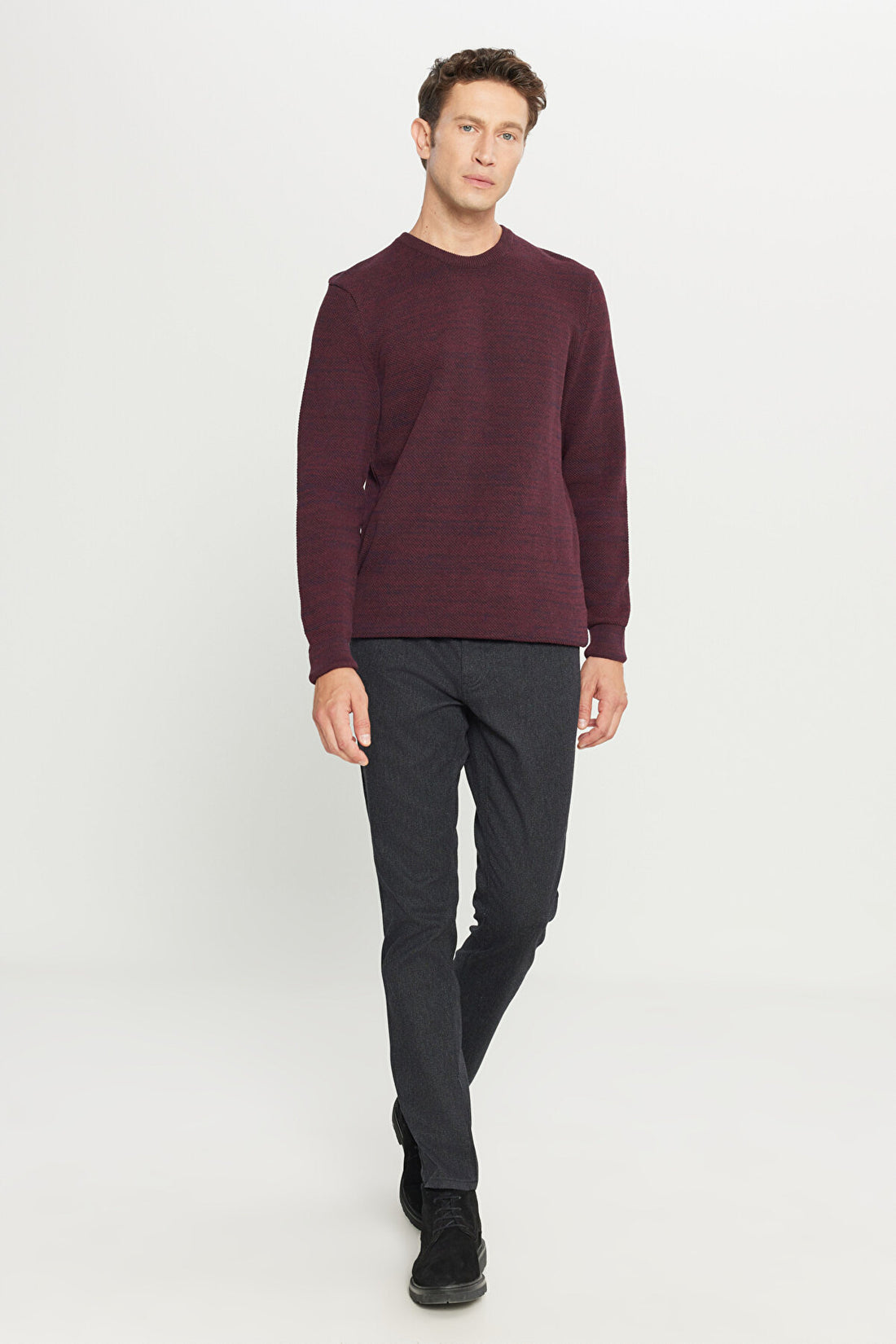 Men's Burgundy-navy Standard Fit Regular Fit Crew Neck Patterned Knitwear Sweater