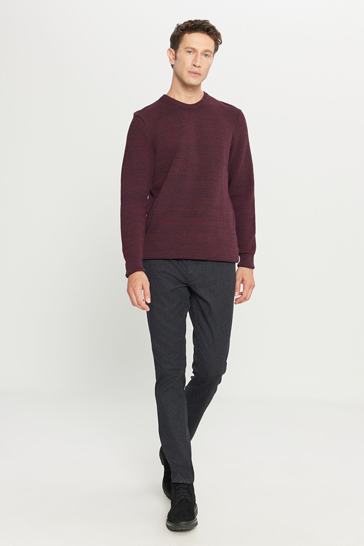 Men's Burgundy-navy Standard Fit Regular Fit Crew Neck Patterned Knitwear Sweater