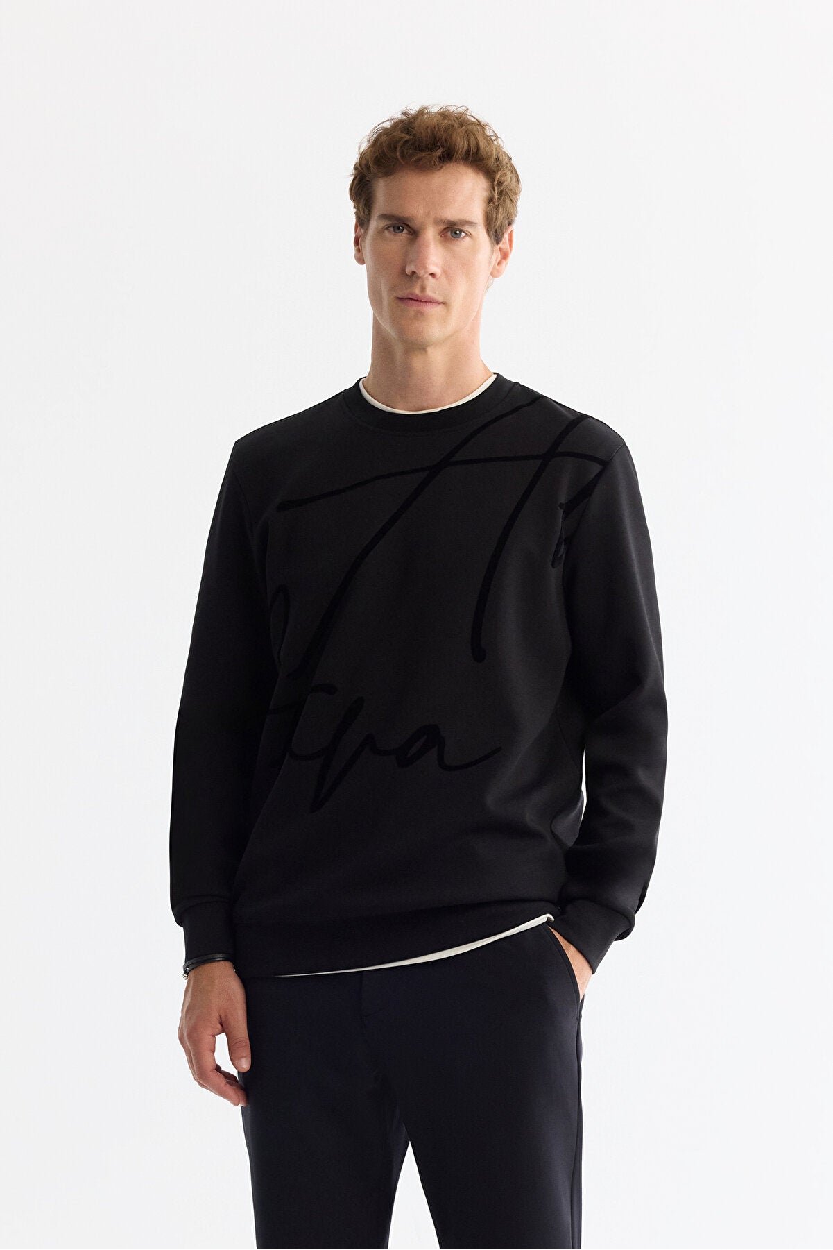 Erkek Siyah Bisiklet Yaka Pamuklu Baskılı Elastan Regular Fit Sweatshirt A42Y1268