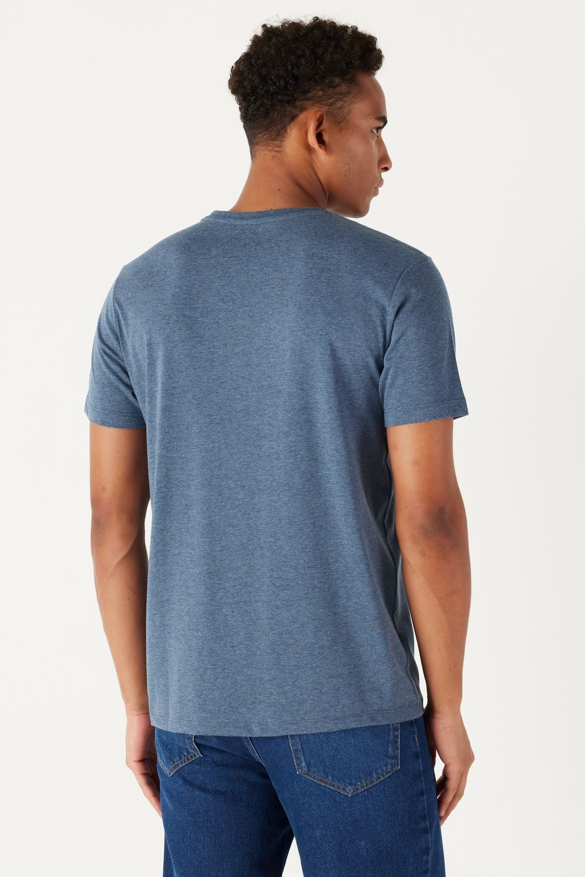 Men's Indigo Melange Cotton Slim Fit Slim Fit Crew Neck Basic T-Shirt