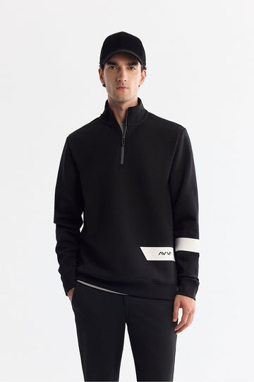 Erkek Siyah Dik Yaka Pamuklu Baskılı Elastan Regular Fit Sweatshirt A42Y1202