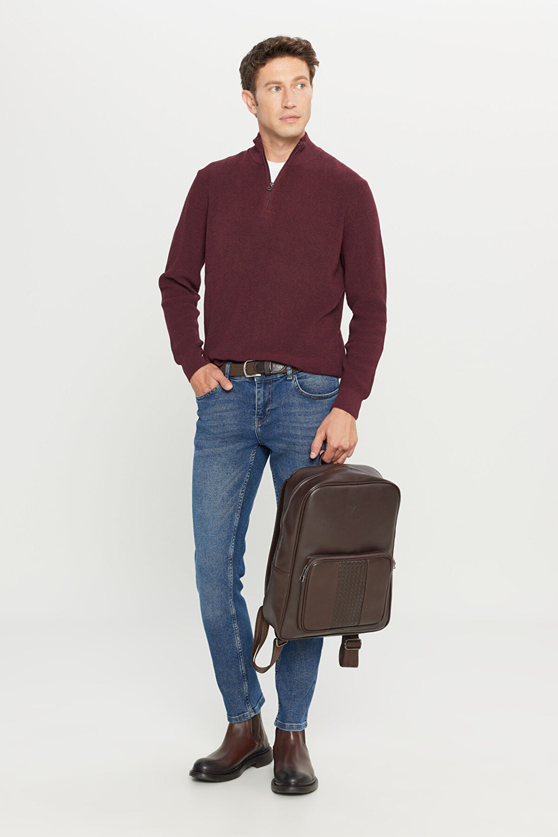 Men's Burgundy Cotton Zipper Bato Collar Jacquard Standard Fit Regular Fit Knitwear Sweater