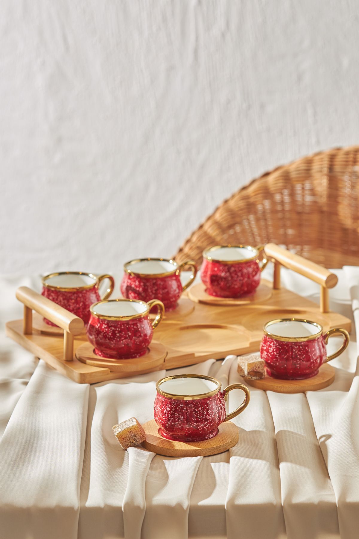 Bamboo Tray Gift Set for 6 Persons Red Coffee Cup 90 ml