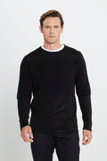 Men's Black Anti-Pilling Anti-Pilling Standard Fit Crew Neck Textured Knitwear Sweater