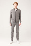 Men's Grey Round Neck Zipper Regular Fit Knitwear Cardigan A31y5101