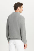 Men's Grey Melange Cotton Standard Fit Regular Fit Zipper Bato Collar Jacquard Knitwear Sweater