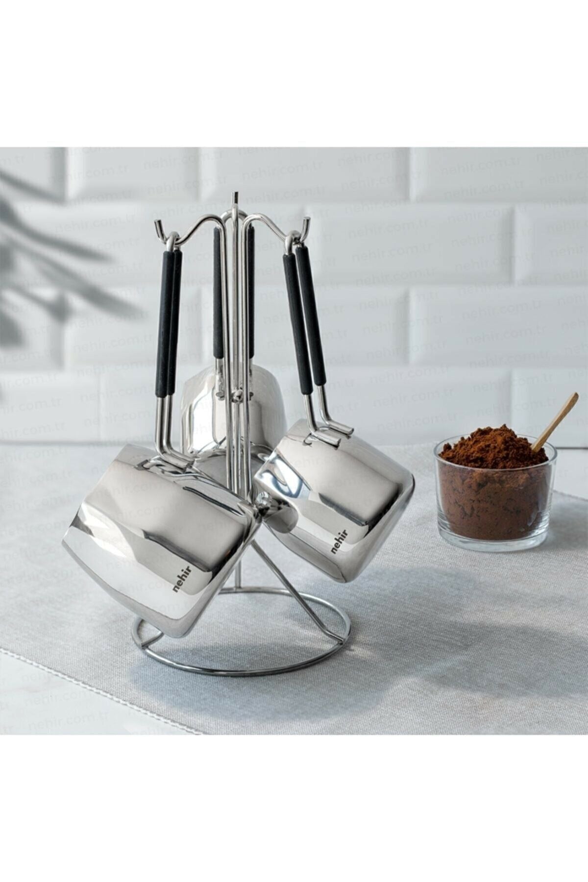 29015 4 Piece Steel Coffee Pot Set with Modern Hanger Stand