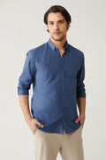 Men's Indigo Shirt Buttoned Collar Comfort Fit 100% Cotton Linen Textured E002141