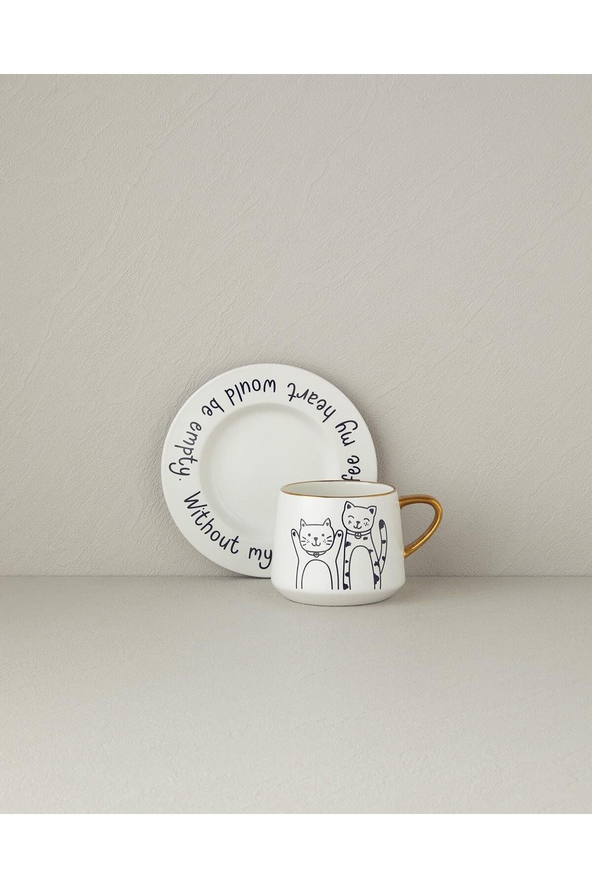 Cute Cat New Bone China 2 Pieces 1 Person Tea Cup Set 320 ml Black-Gold