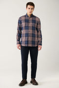 Men's Navy-Brown Lumberjack Shirt Buttoned Collar 100% Cotton Plaid Pattern Flannel A32y2059