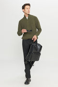 Men's Khaki Cotton Zipper Bato Collar Jacquard Standard Fit Regular Fit Sweater Sweater