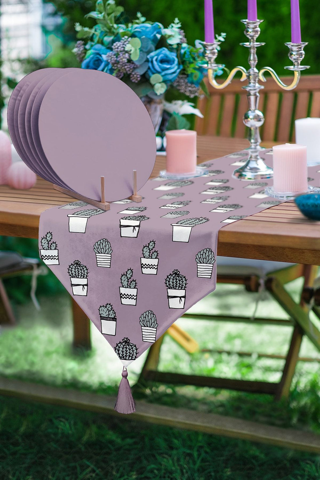 Modern Triangle Tassel Runner With Light Purple Floor Cactus Design 1Pcs & 6Pcs Purple Color Supla