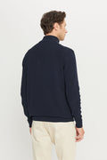 Men's Navy Blue Cotton Zipper Bato Collar Jacquard Standard Fit Regular Fit Sweater Sweater