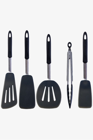 Heat Resistant Fireproof Non-stick Silicone, Stainless Steel Spatula Set 5 Pcs Black