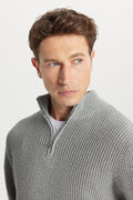 Men's Grey Melange Cotton Standard Fit Regular Fit Zipper Bato Collar Jacquard Knitwear Sweater