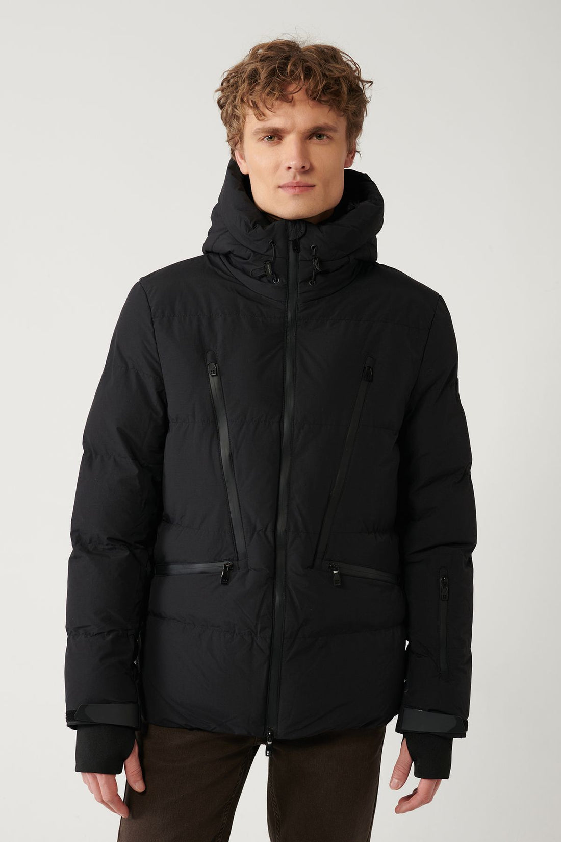 Men's Black Water Repellent Windproof Thermometer Hooded Inflatable Coat A32y6015