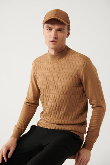 Men's Camel Half Turtleneck Cotton Knitwear Sweater E005106