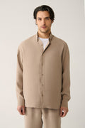 Men's Beige Shirt Bottom Braided Collar Modal Fabric Oversize Fit A41y2168