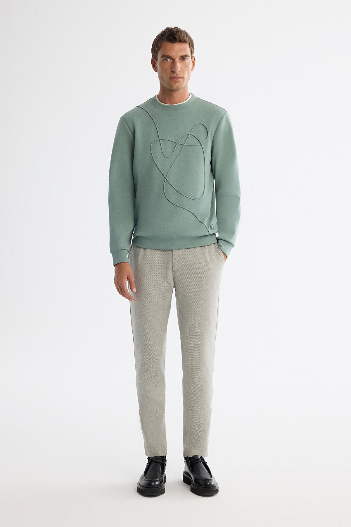 Erkek Mint Yeşil Bisiklet Yaka Pamuklu Nakışlı Regular Fit Sweatshirt A42Y1247