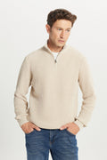 Men's Light Beige Cotton Standard Fit Regular Fit Zipper Bato Collar Jacquard Knitwear Sweater