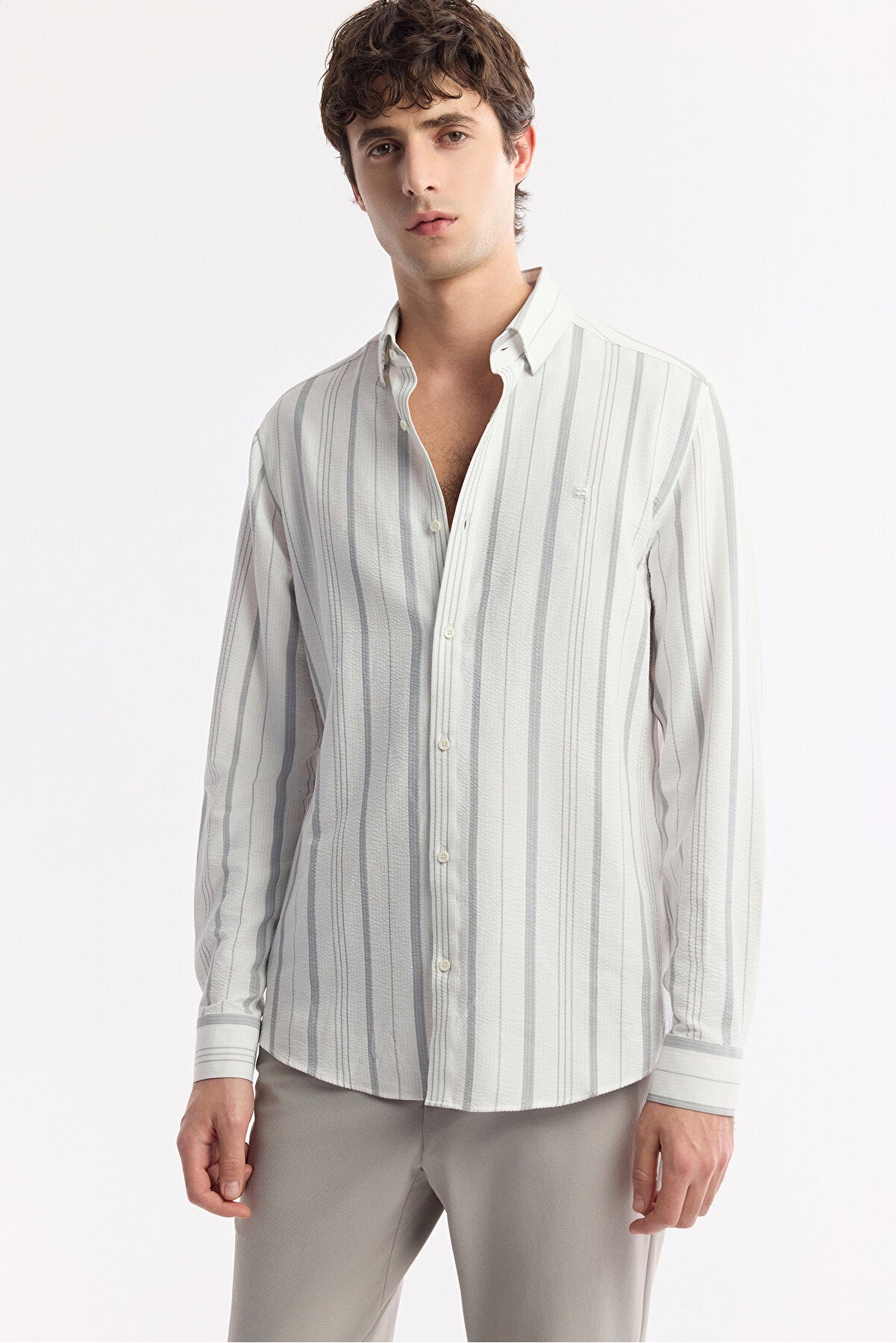 Erkek Gri Alttan Britli Yaka Gofreli Çizgili Regular Fit Gömlek A51Y2094