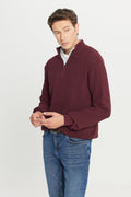 Men's Burgundy Cotton Standard Fit Regular Fit Bato Collar Jacquard Knitwear Sweater