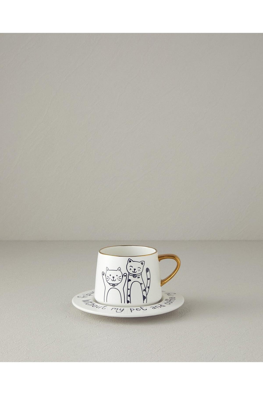Cute Cat New Bone China 2 Pieces 1 Person Tea Cup Set 320 ml Black-Gold