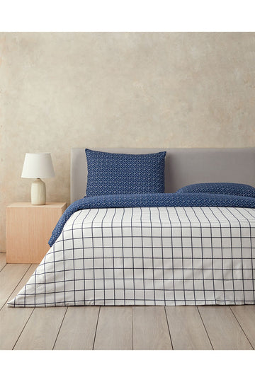 Border Check Double Size Duvet Cover Set Navy Blue