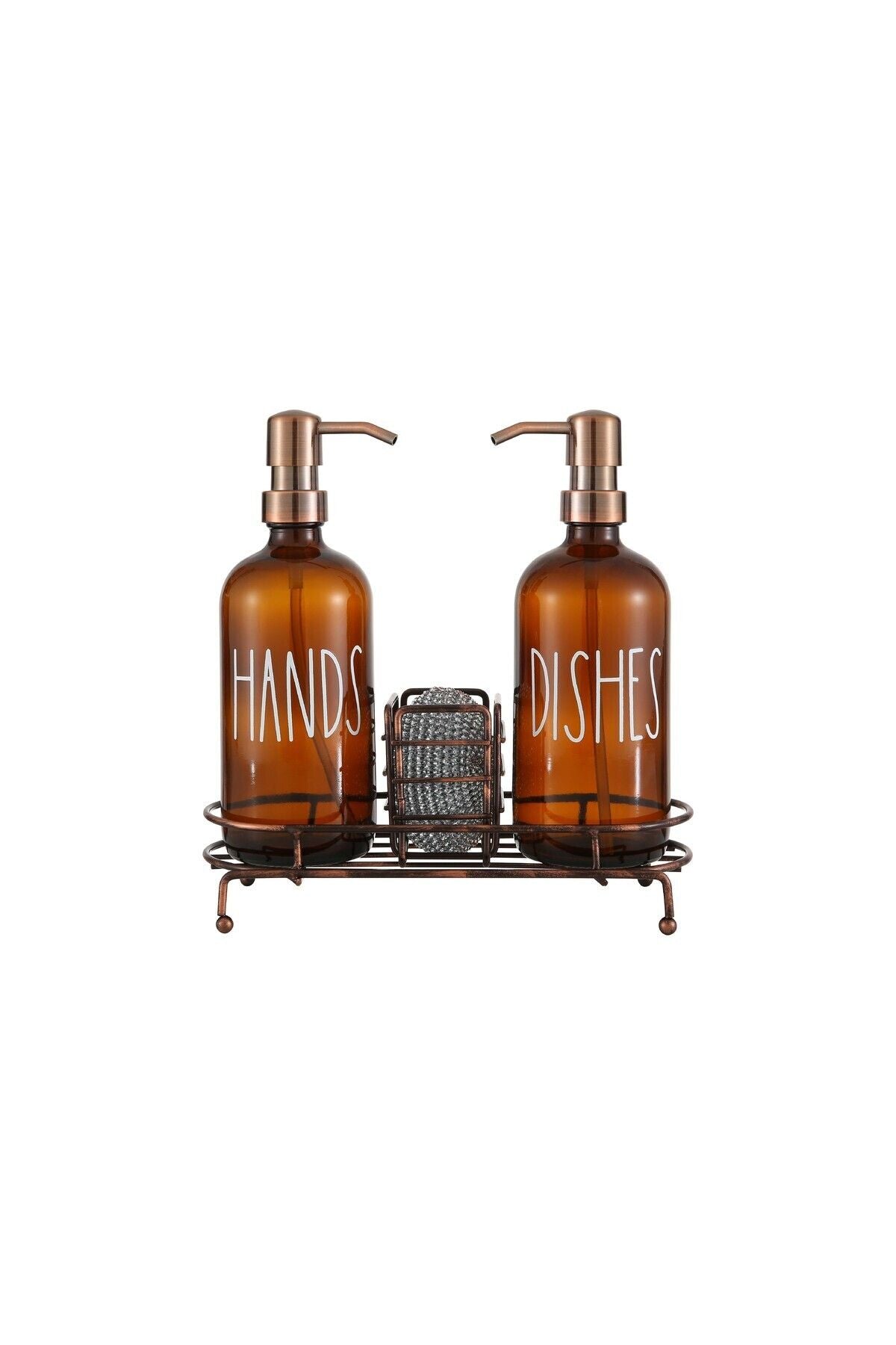 2 Pcs Amber Kitchen Liquid Soap Dispenser Glass With Lossy Metal Copper Stand