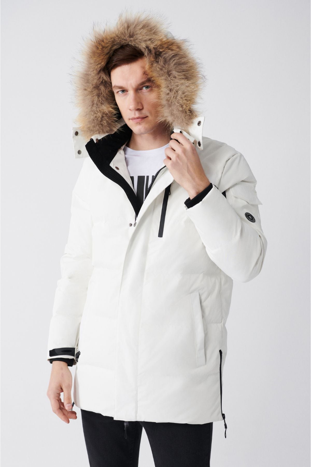 Men's White Fur Hooded Thermal Water Repellent Goose Feather Inflatable Coat A22y6099