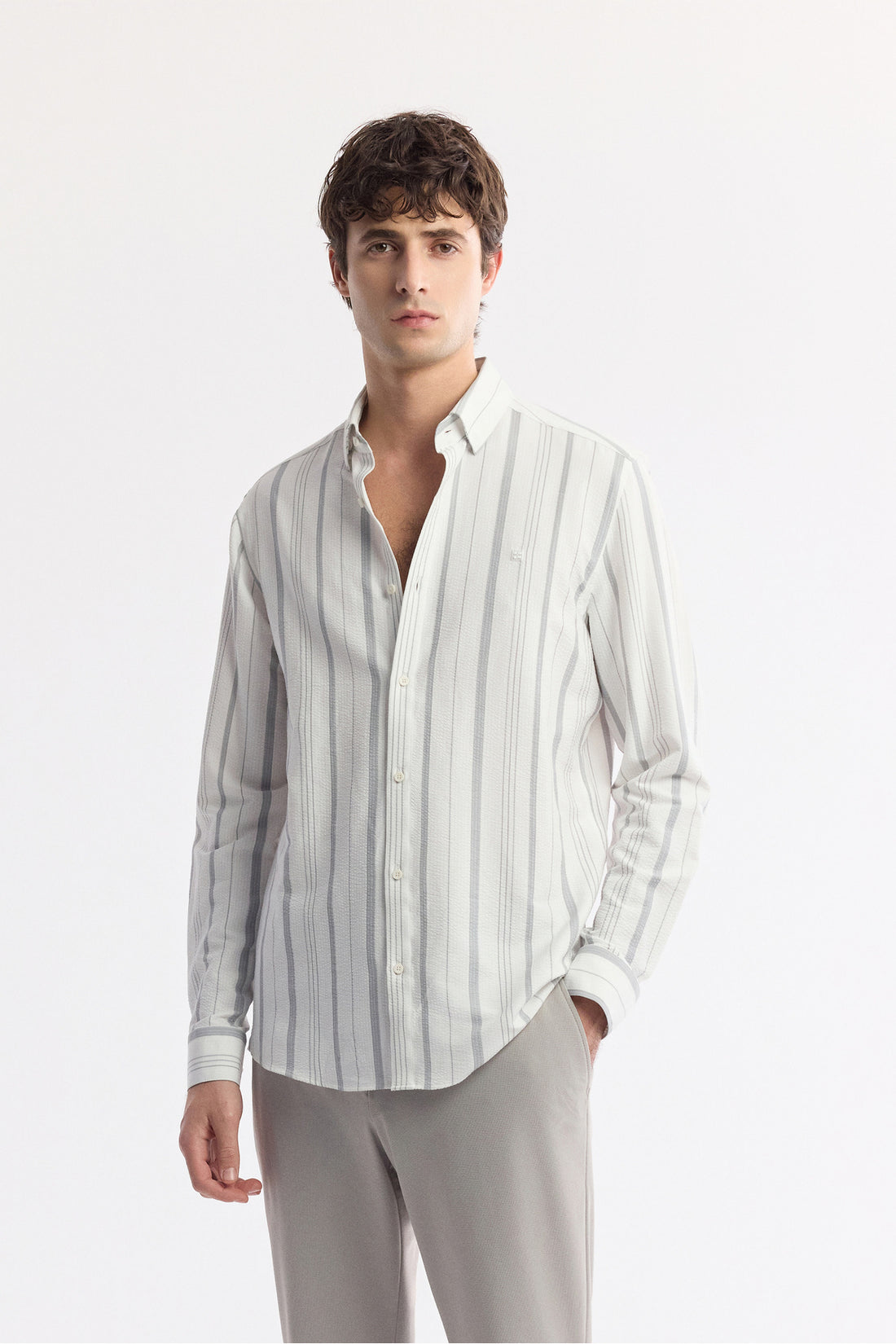 Erkek Gri Alttan Britli Yaka Gofreli Çizgili Regular Fit Gömlek A51Y2094