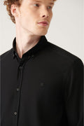 Men's Black Shirt Buttoned Collar Comfort Fit 100% Cotton Linen Textured E002141