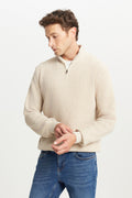 Men's Light Beige Cotton Standard Fit Regular Fit Zipper Bato Collar Jacquard Knitwear Sweater