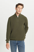 Men's Khaki Cotton Zipper Bato Collar Standard Fit Regular Fit Jacquard Knitwear Sweater