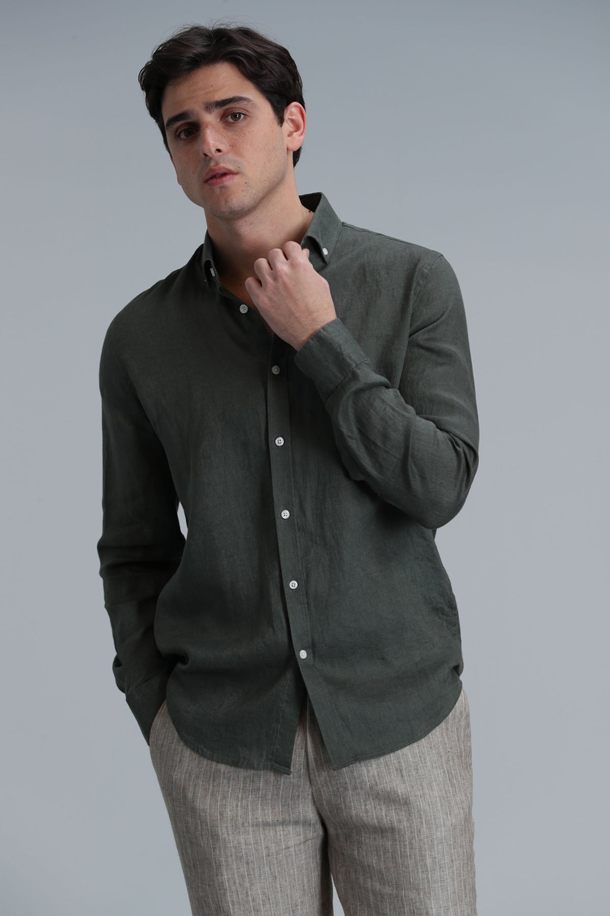 Pitaya Erkek Keten Gömlek Comfort Fit Haki